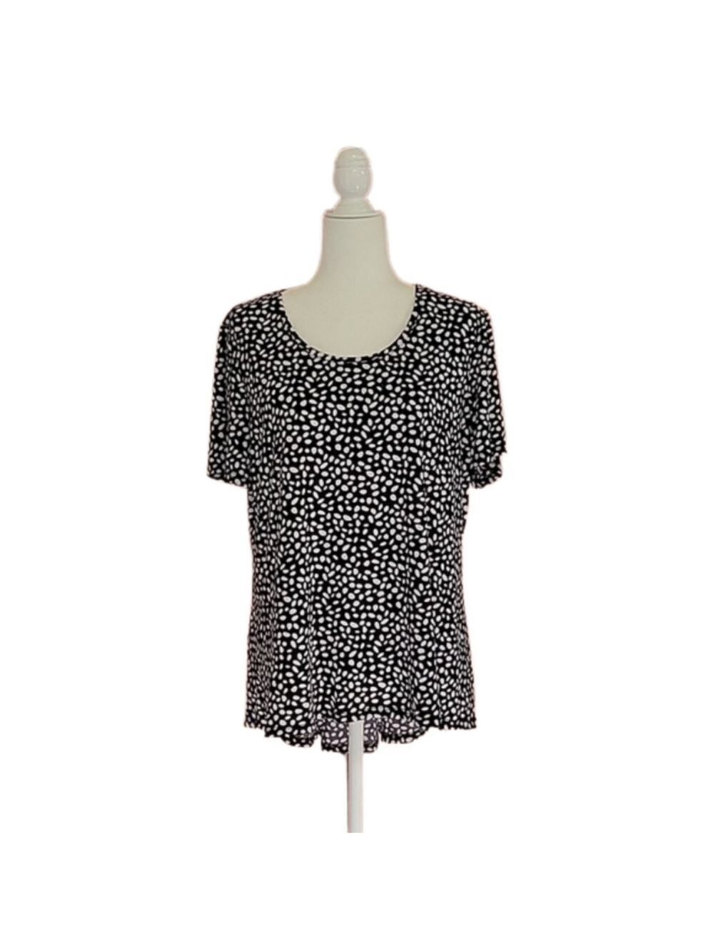 Susan Graver Black and White Dotted Short Sleeve High Low Blouse Size Large EUC